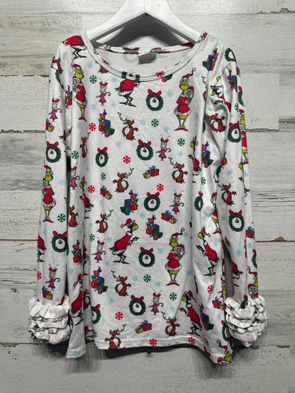 Boutique Grinch Long Sleeve Top Girls 10/12 White Christmas Ruffle EUC0