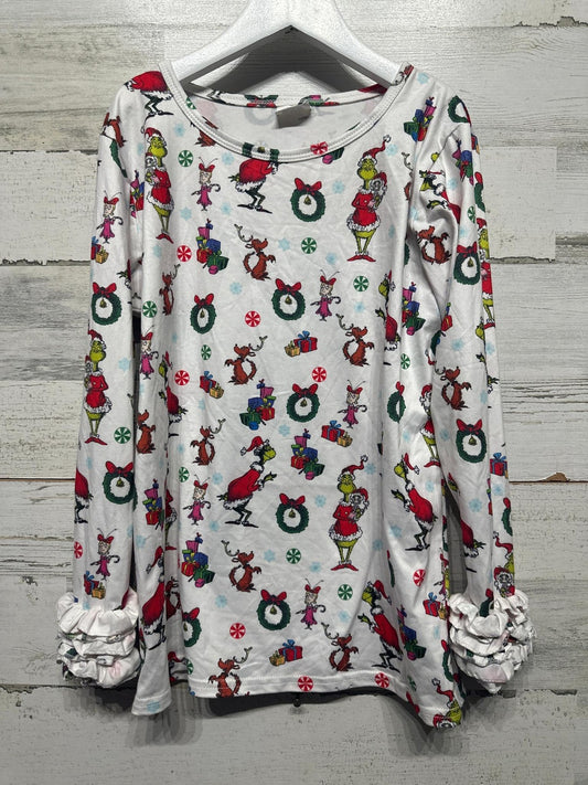 Boutique Grinch Long Sleeve Top Girls 10/12 White Christmas Ruffle EUC0