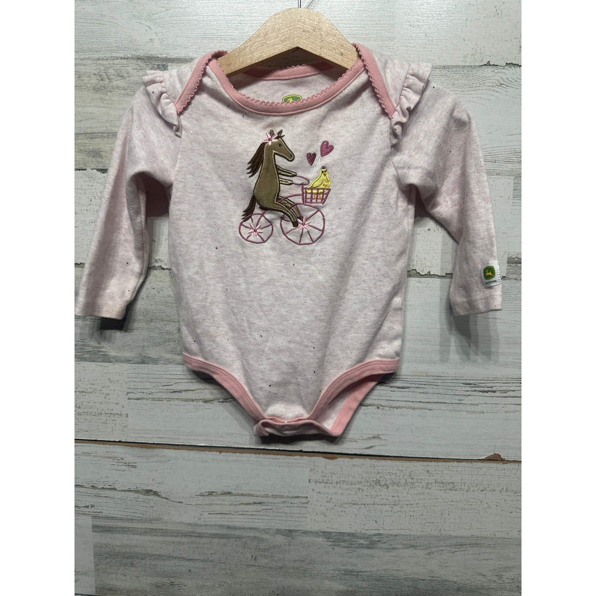 John Deere Bodysuit Girls 9-12M Pink Horse Bicycle Ruffle Glitter GUC0