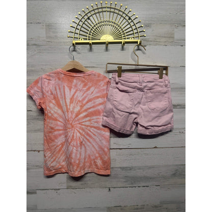 Crewcuts YMI Outfit Girls Size 8 Orange Pink Tie Dye Tee Denim Shorts EUC1