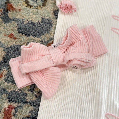 Mud Pie Hello World Sleeper Gown Girls 0-3M White Pink Ruffle Ribbed EUC2