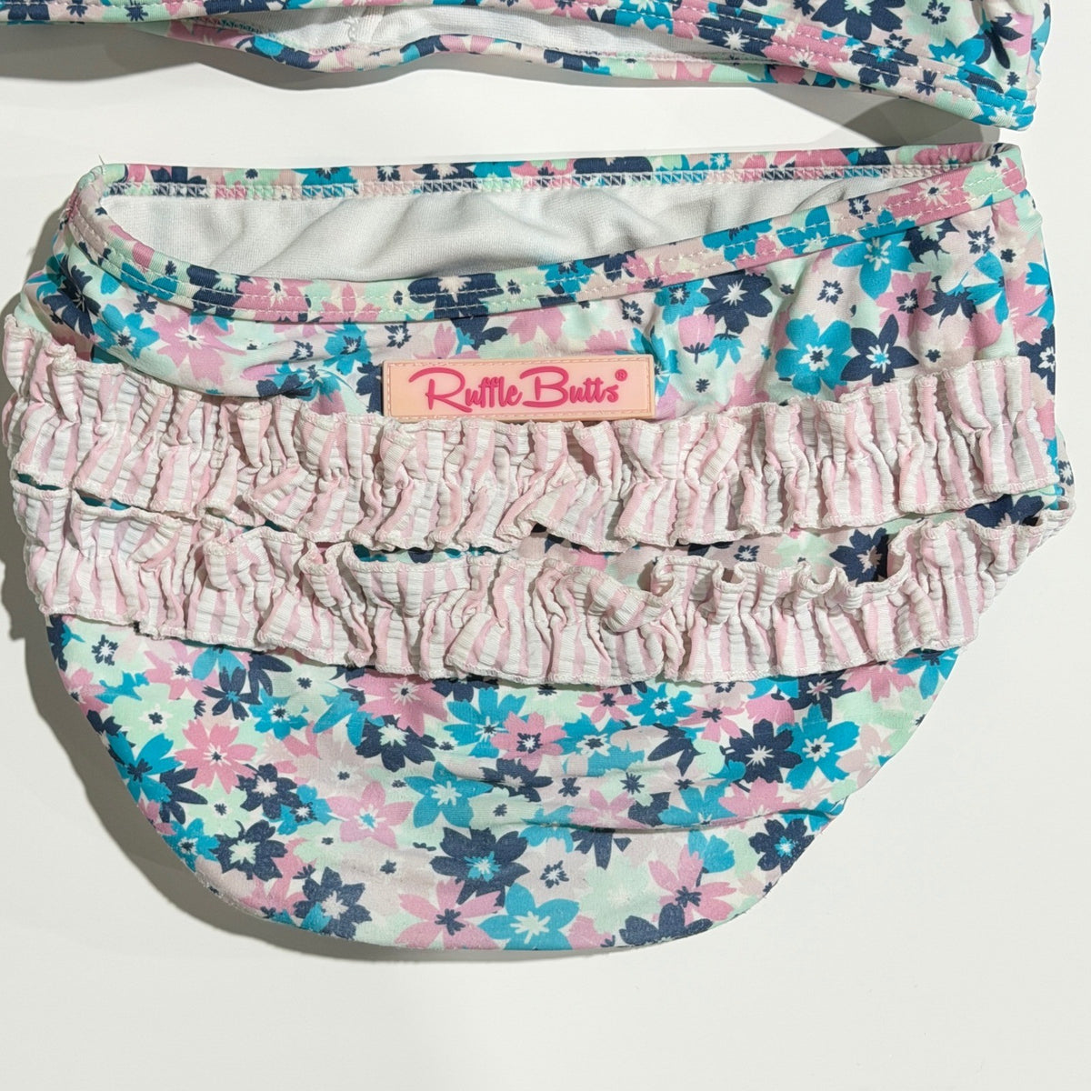 Ruffle Butts Bikini Swimsuit Girls 4T Pink Blue Floral Seersucker Core GUC*4