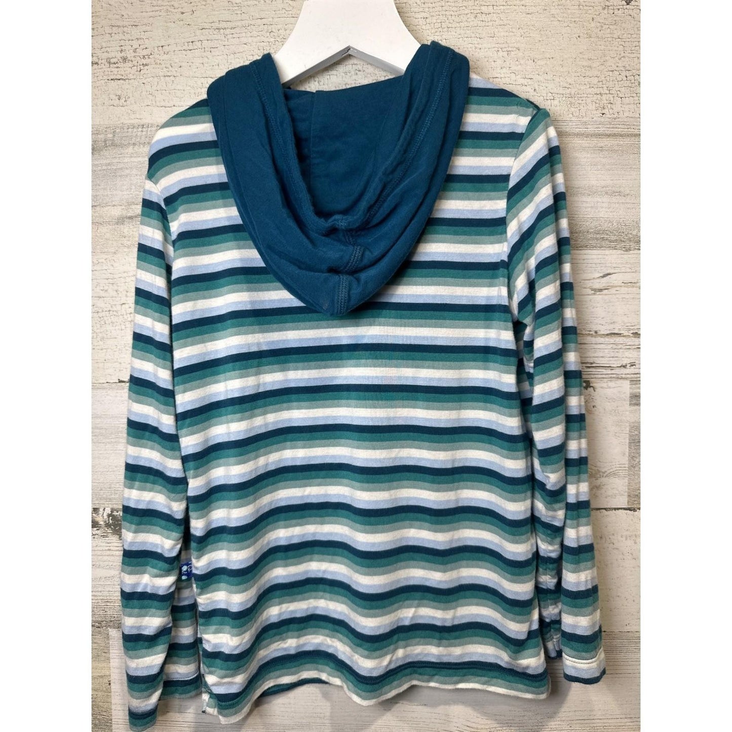 Kickee Pants Striped Hoodie Kids XS 5/6 Blue Green Bamboo Henley EUC2