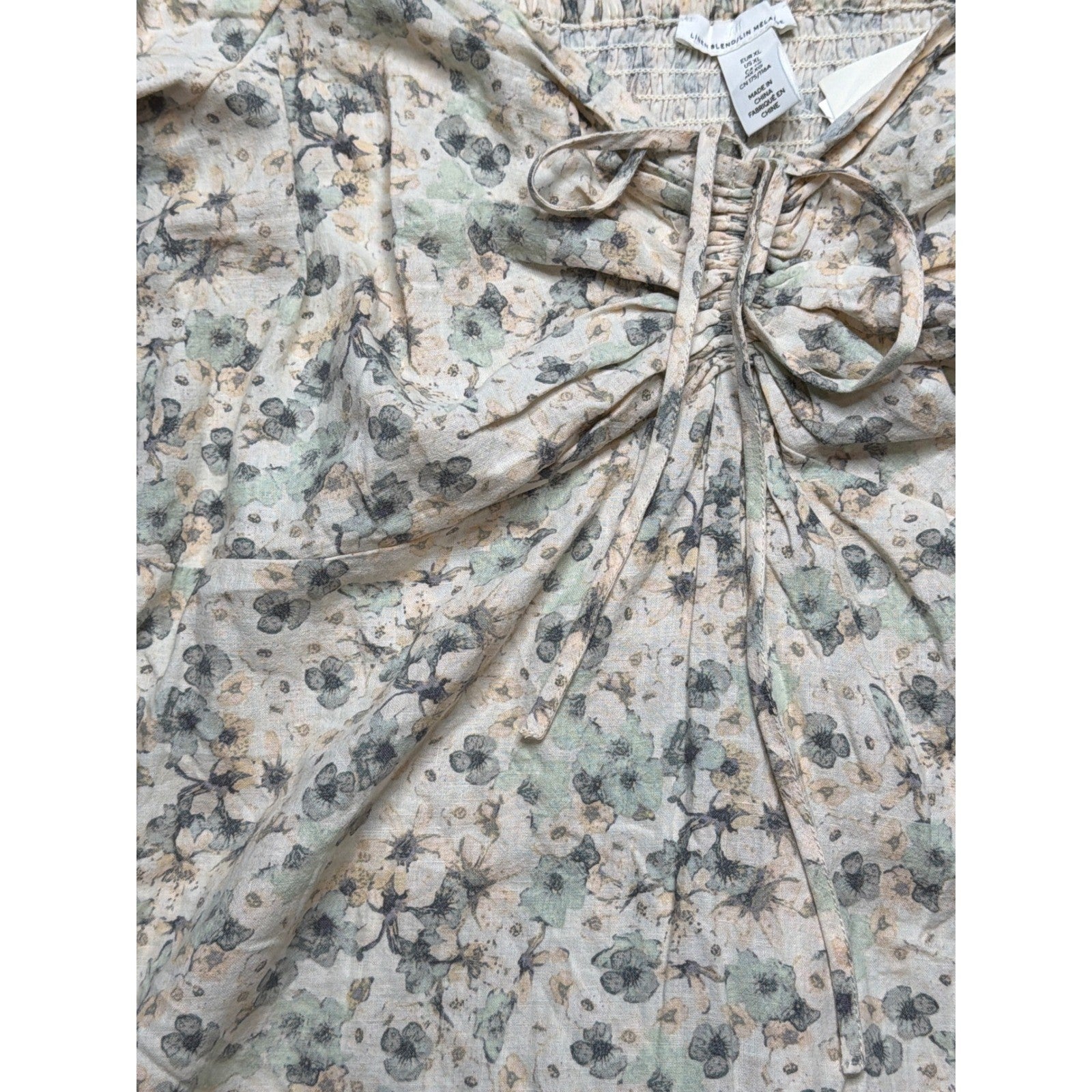 H&M Linen Blend Dress Women XL Cream Floral Puff Sleeve Tie Front NWT1