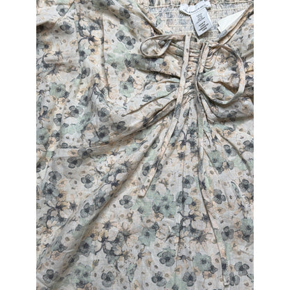 H&M Linen Blend Dress Women XL Cream Floral Puff Sleeve Tie Front NWT1