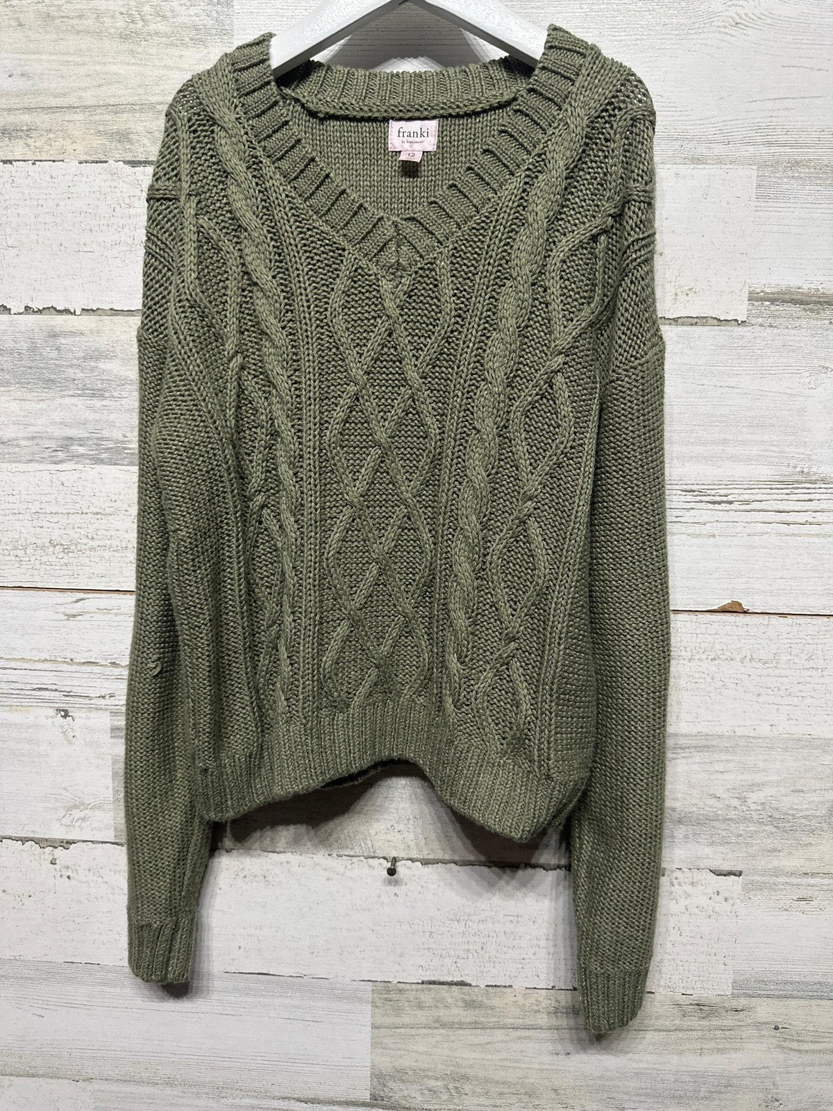 Franki Cable Knit Sweater Kids 12 Olive Green V-Neck Drop Shoulder EUC0