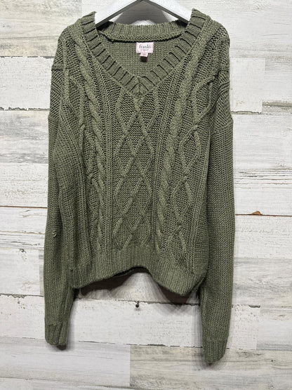Franki Cable Knit Sweater Kids 12 Olive Green V-Neck Drop Shoulder EUC0