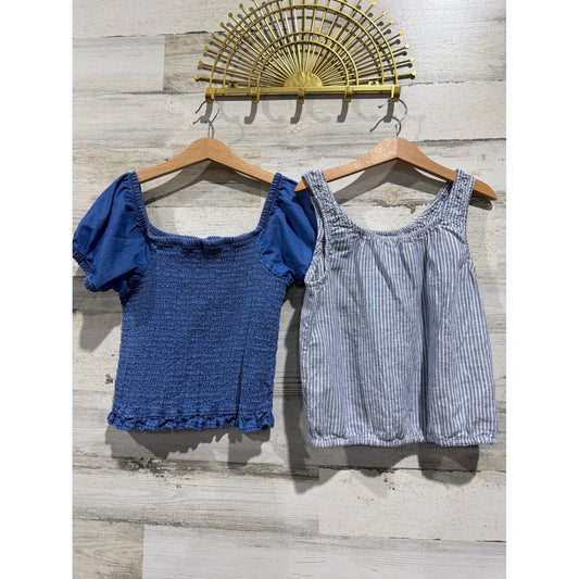 Abercrombie Zara Shirt Bundle Girls 10-12 Blue Striped Smocked Coastal EUC0