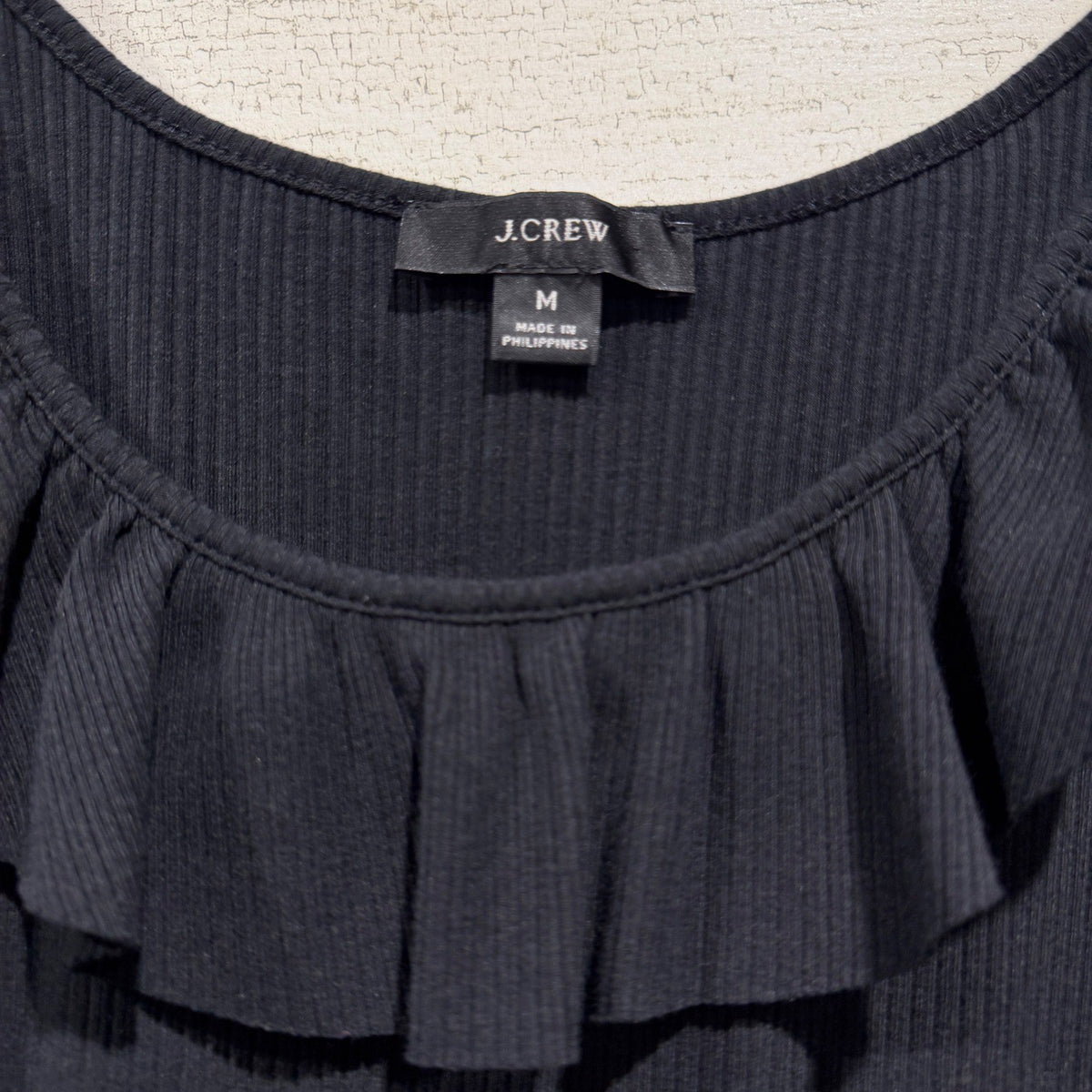 J.Crew Ruffle Neck Tank Top Women Size M Black Ribbed Cotton Blend EUC1
