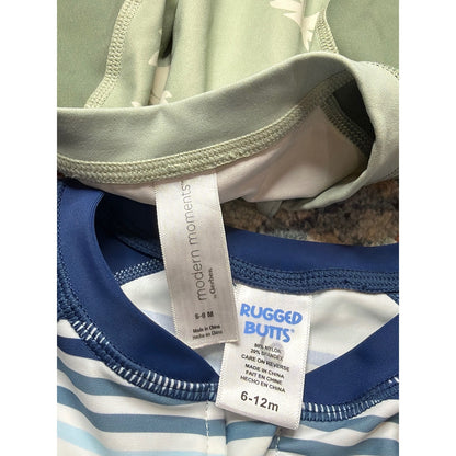 Rugged Butts Modern Moments Rashguard Swimsuit Boys 6-12M Green Blue Stripe EUC1
