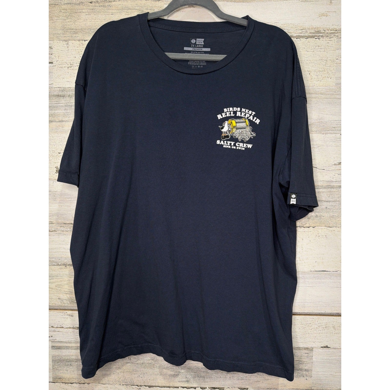 Salty Crew Graphic T-Shirt Men 2XL Navy Birds Nest Reel Repair Fishing EUC1