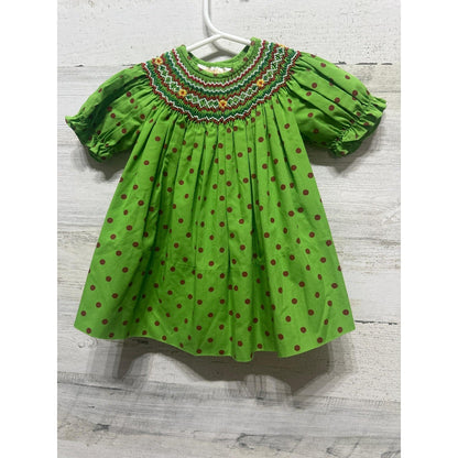 Rosalina Smocked Dress Girls 6M Green Polka Dot Floral Embroidery EUC0