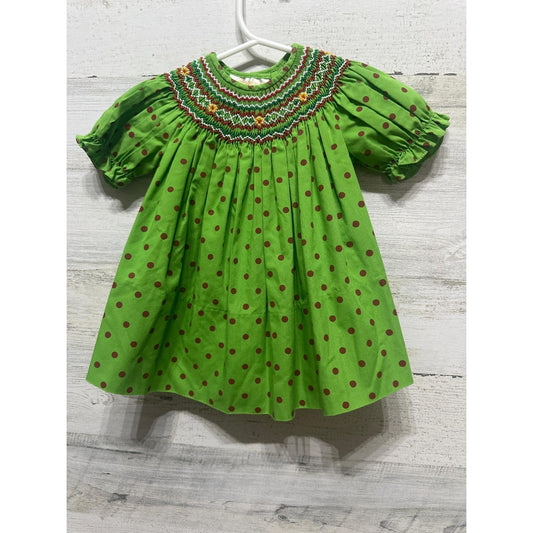 Rosalina Smocked Dress Girls 6M Green Polka Dot Floral Embroidery EUC0