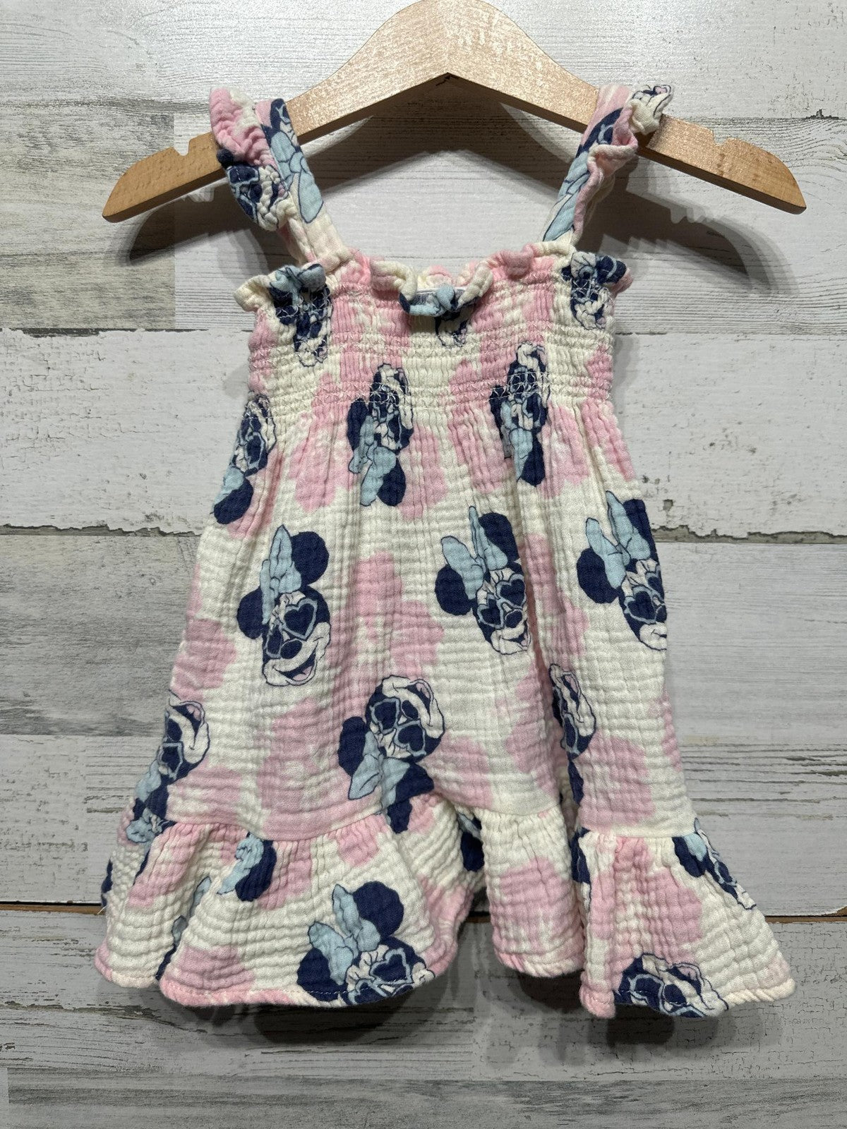 Disney Baby Minnie Mouse Dress Baby Girl 3-6M Pink Gauze Smocked Ruffle EUC2