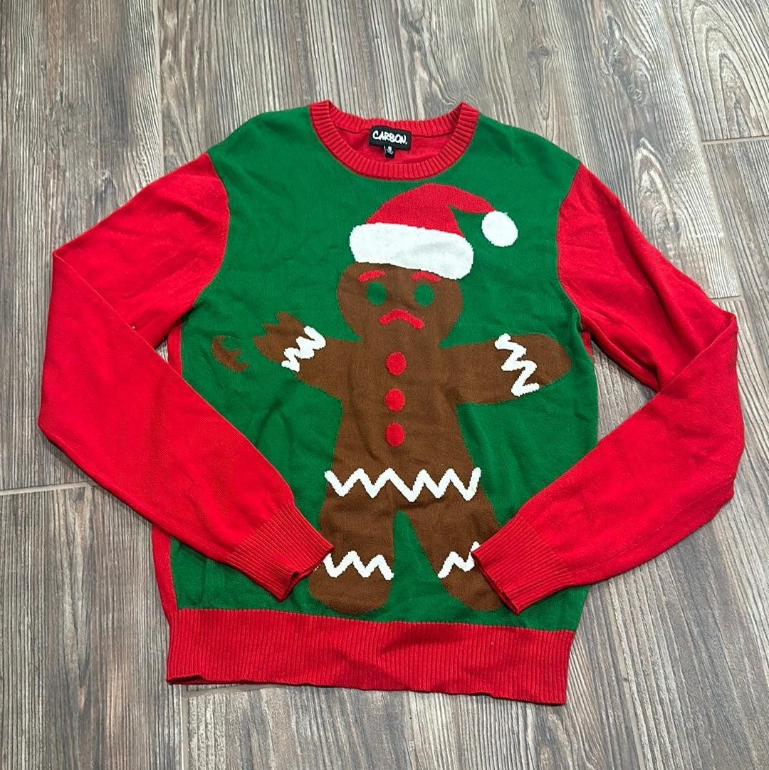 Carbon Ugly Christmas Sweater Men Size S Green Red Gingerbread Man EUC0