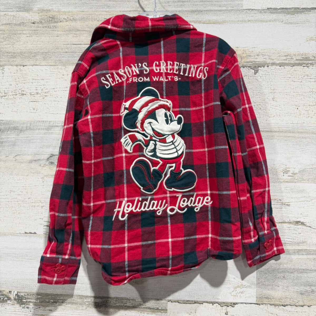 Disney Flannel Shirt Boys 4 Red Plaid Mickey Mouse Holiday Lodge *Flawed3