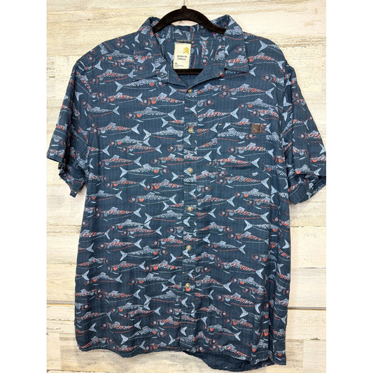 Solaris Outdoors Shirt Mens XL Blue Fish Print Short Sleeve Camp Coastal Beach0