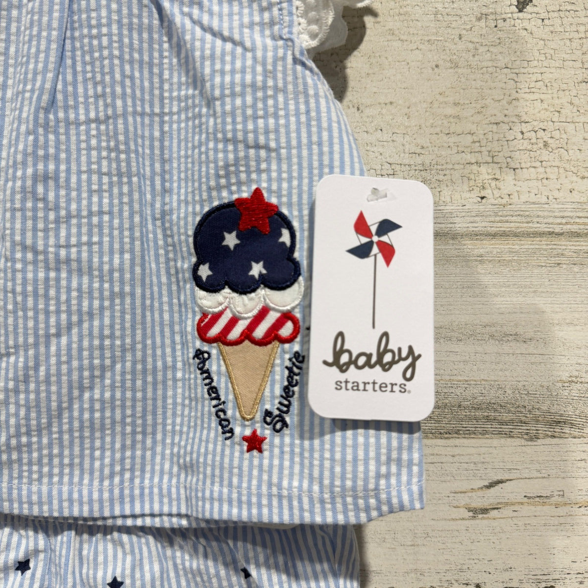 Baby Starters Shorts Set Girls 3M Blue Seersucker Ice Cream Americana NWT1