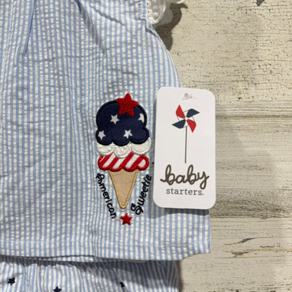 Baby Starters Shorts Set Girls 3M Blue Seersucker Ice Cream Americana NWT1