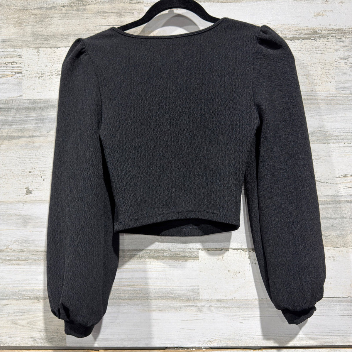 Lantern Sleeve Crop Top Women Petite XXS Black Solid Textured Romantic EUC3