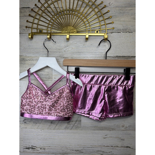 IEFIEL Dance Set Girls Size 6 Pink Sequin Metallic Performance Barbiecore EUC0