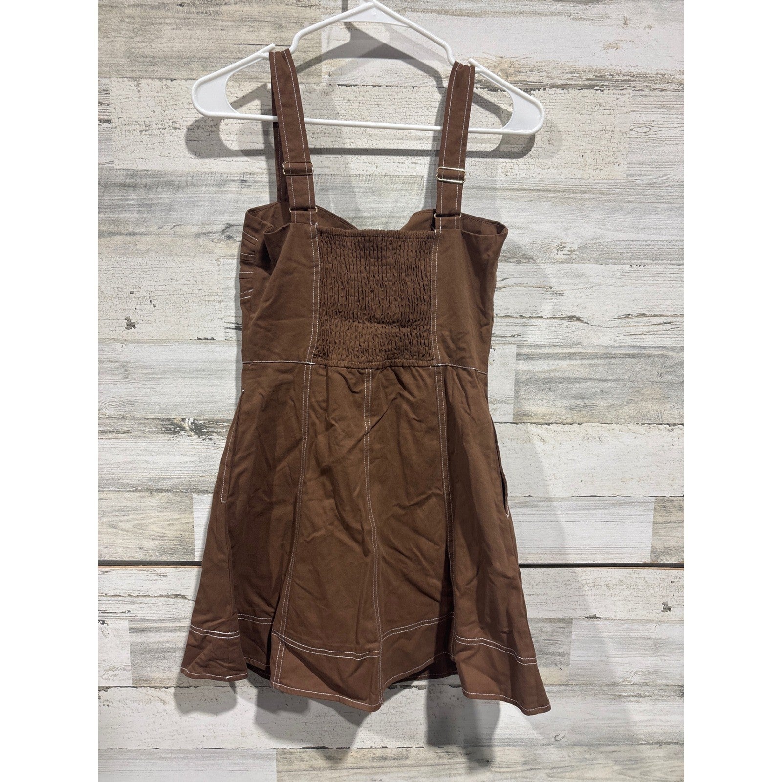 Baby Pink Maplewood Mini Dress Women Small Brown Contrast Stitch Zip Front EUC1