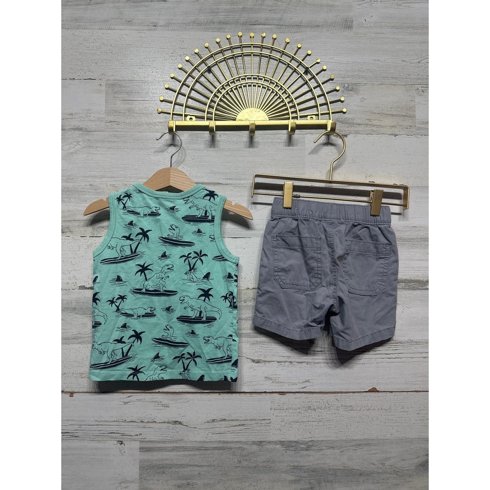 H&M Children's Place Outfit Boys 18-24M Mint Gray Surfing Dino Summer EUC2