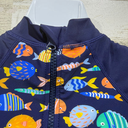 UpAndFast Rash Guard Swimsuit Baby Boys 6-9M Navy Blue Fish Print Coastal EUC3