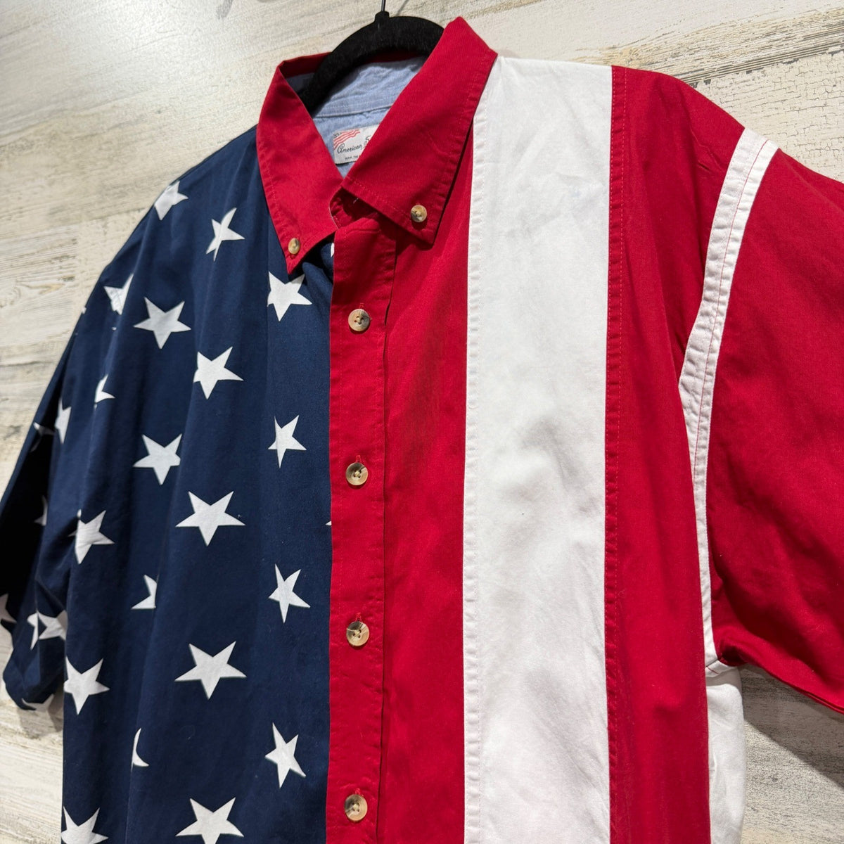 American Summer USA Flag Button Down Shirt Large Red White Blue Cotton Patriotic1