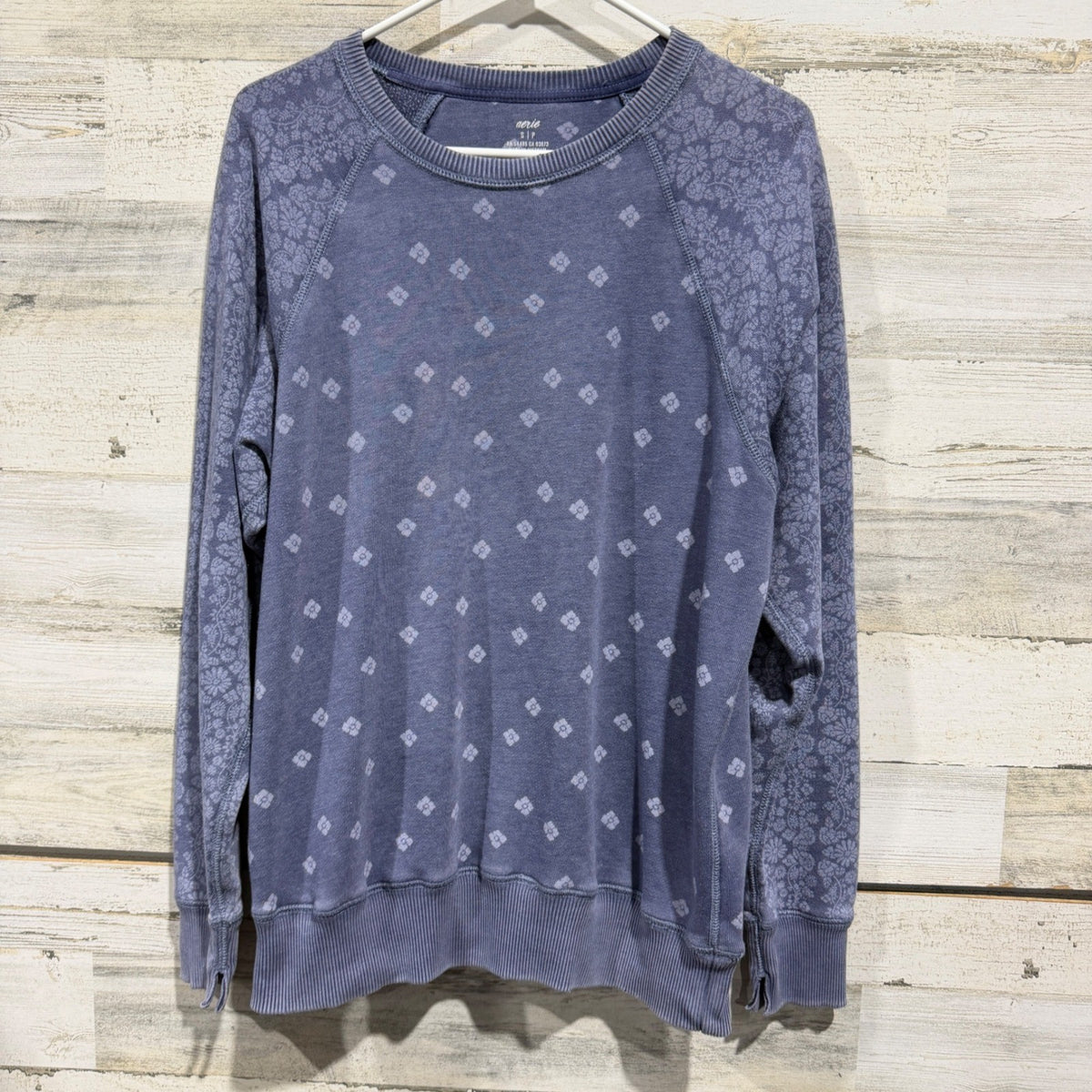 Aerie Floral Raglan Sweatshirt Women Small Blue Cotton Blend Boho EUC0
