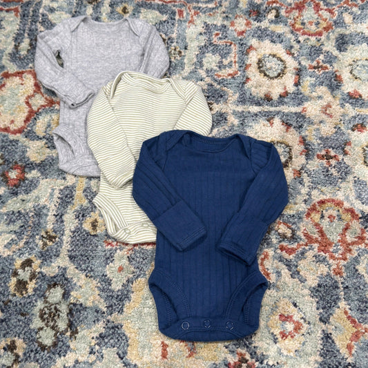 Carter's Bodysuits Boys Preemie Navy Grey Striped Ribbed Basic EUC0