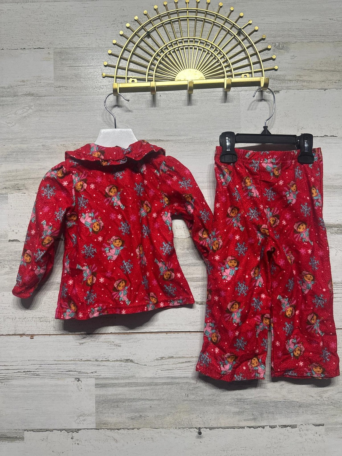 Y2K Nickelodeon Dora the Explorer Pajamas Girls 24M Red Fleece Winter Set GUC2