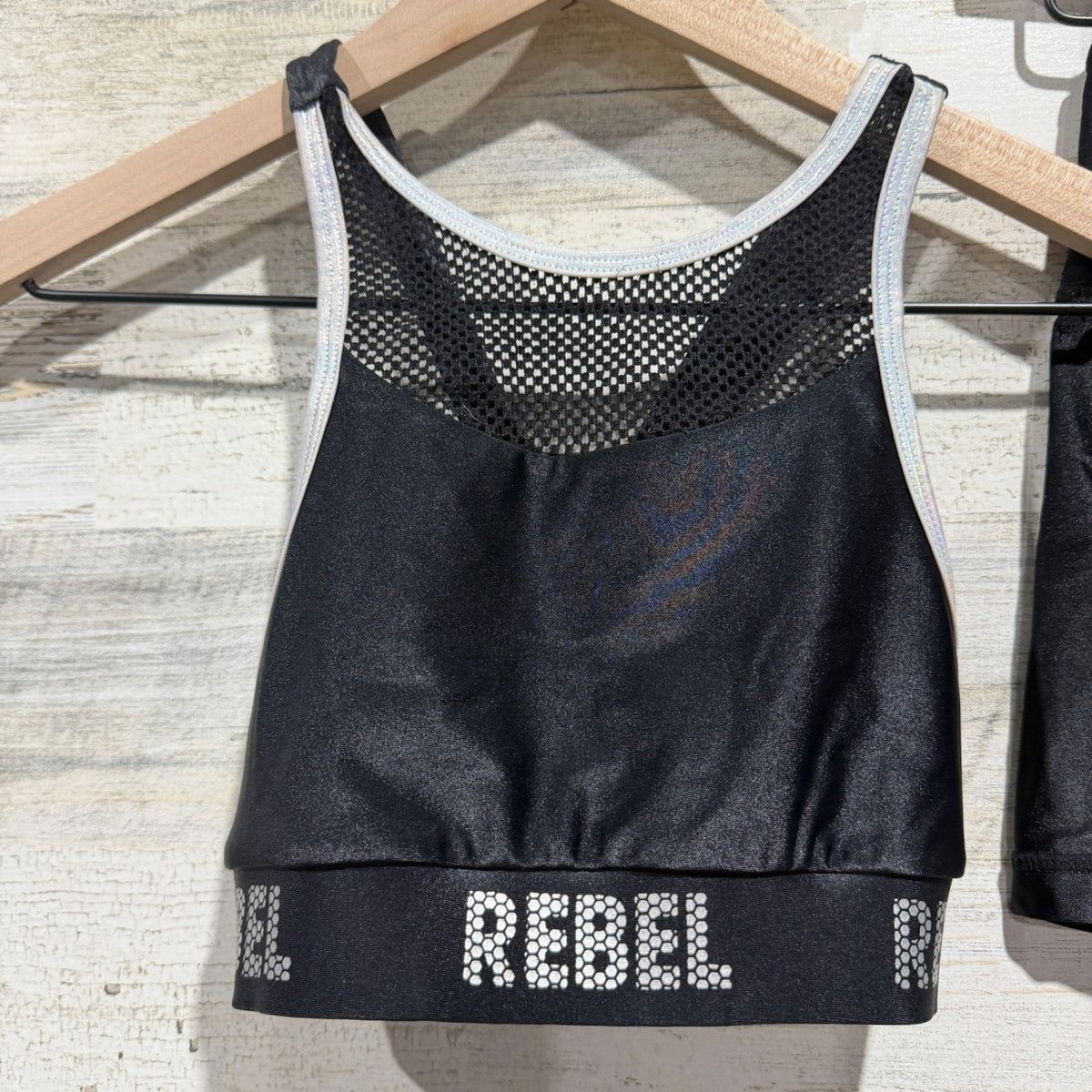 Rebel Athletic Cheer Dance Set Girls Youth Large Black Shimmer Mesh Performance1