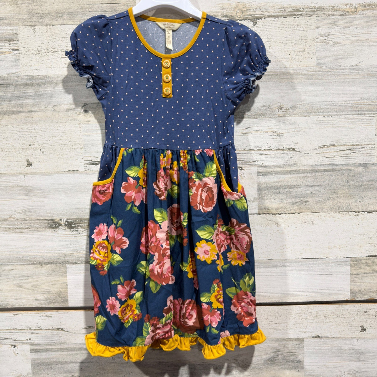 Matilda Jane Joanna Gaines Dress Girls 8 Blue Floral Polka Dot Ruffle Boho EUC0