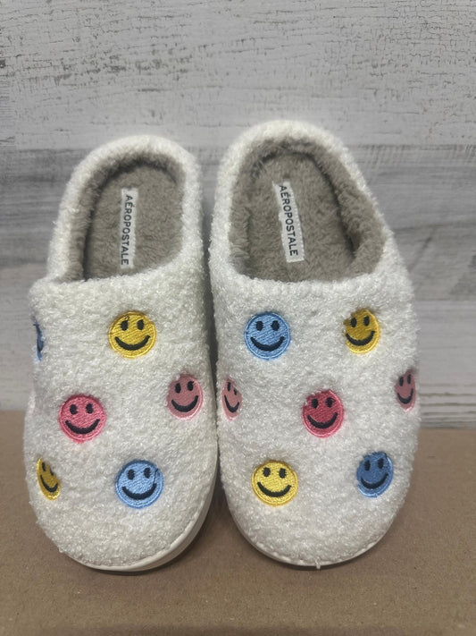 Aeropostale Slippers Women Size 5/6 White Smiley Face Fuzzy Sherpa Scuff0