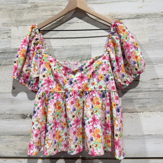 SHEIN Blouse Women XL Pink Floral Puff Sleeve Smocked Peplum Cottagecore EUC0