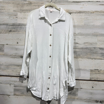 GB Button Down Tunic Women M White Textured Gauze Long Sleeve Coastal EUC0