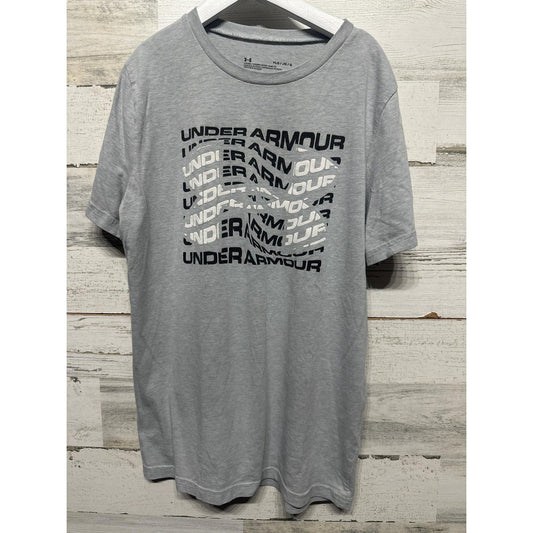 Under Armour T-Shirt Boys Large Grey Graphic Logo HeatGear *Flawed0