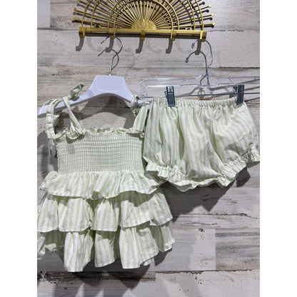 Little Bear Smocks Ruffle Top Bloomer Set Girls 3T Green White Striped EUC0