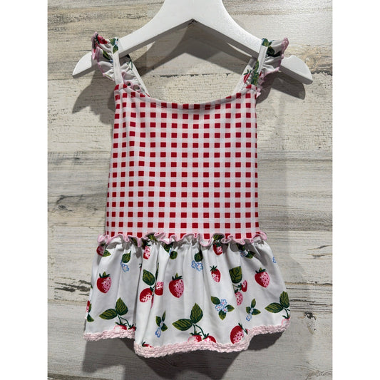 Sweet Honey Swim Top Girls 4T Strawberry Gingham Ruffle Cottagecore EUC0