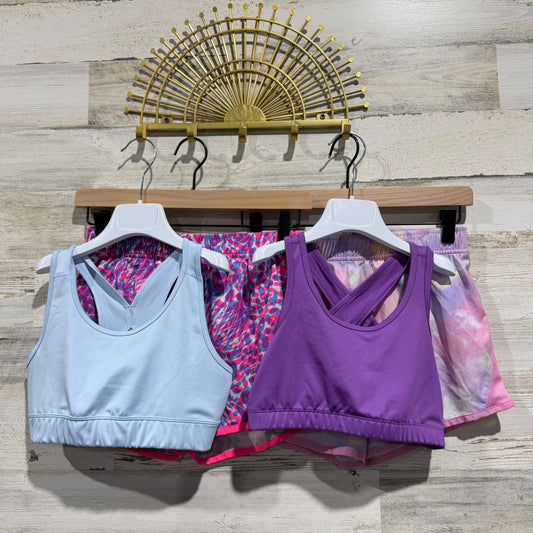 BCG Activewear Set Shorts Sports Bras Girls L 12-14 Purple Pink Pattern Modern0