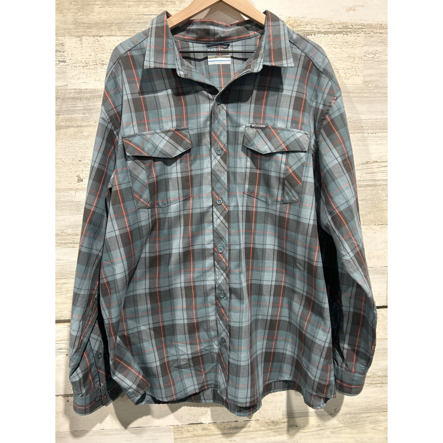 Columbia Plaid Button Up Shirt Men XXL Blue Orange Omni-Wick Gorpcore EUC0