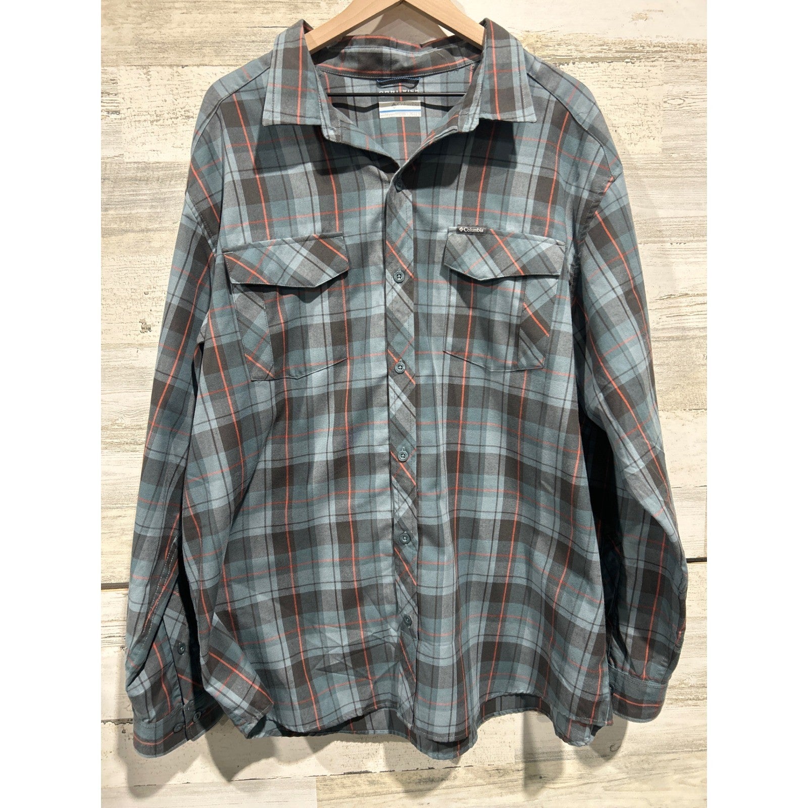 Columbia Plaid Button Up Shirt Men XXL Blue Orange Omni-Wick Gorpcore EUC0