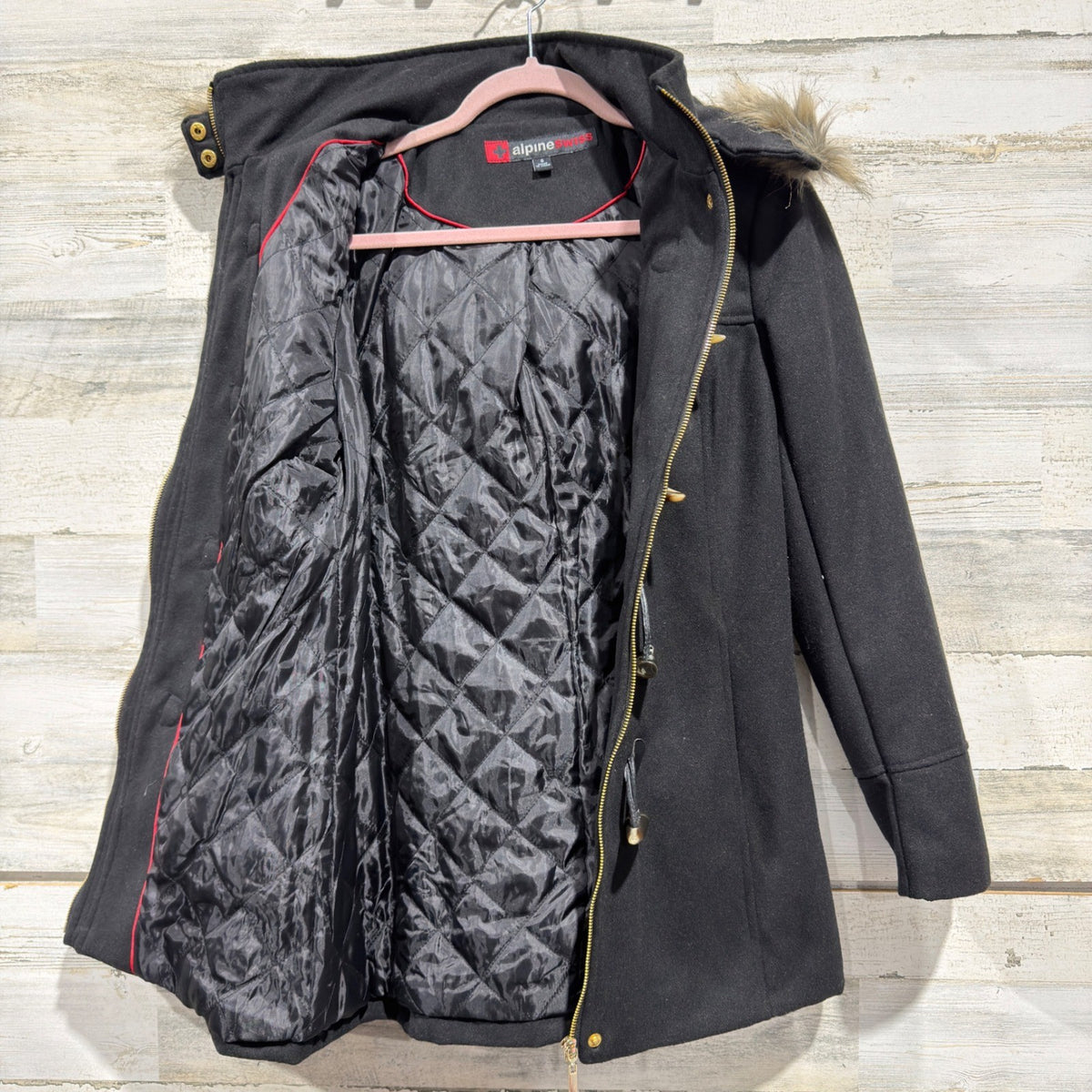 Alpine Swiss Duffle Coat Women Small Black Faux Fur Hood Toggle Wool Blend EUC7