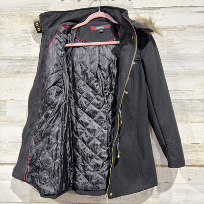 Alpine Swiss Duffle Coat Women Small Black Faux Fur Hood Toggle Wool Blend EUC7