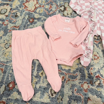 SIIX Cotton On Baby Organic Cotton Bundle Girls 0-3M Pink Floral Check EUC1