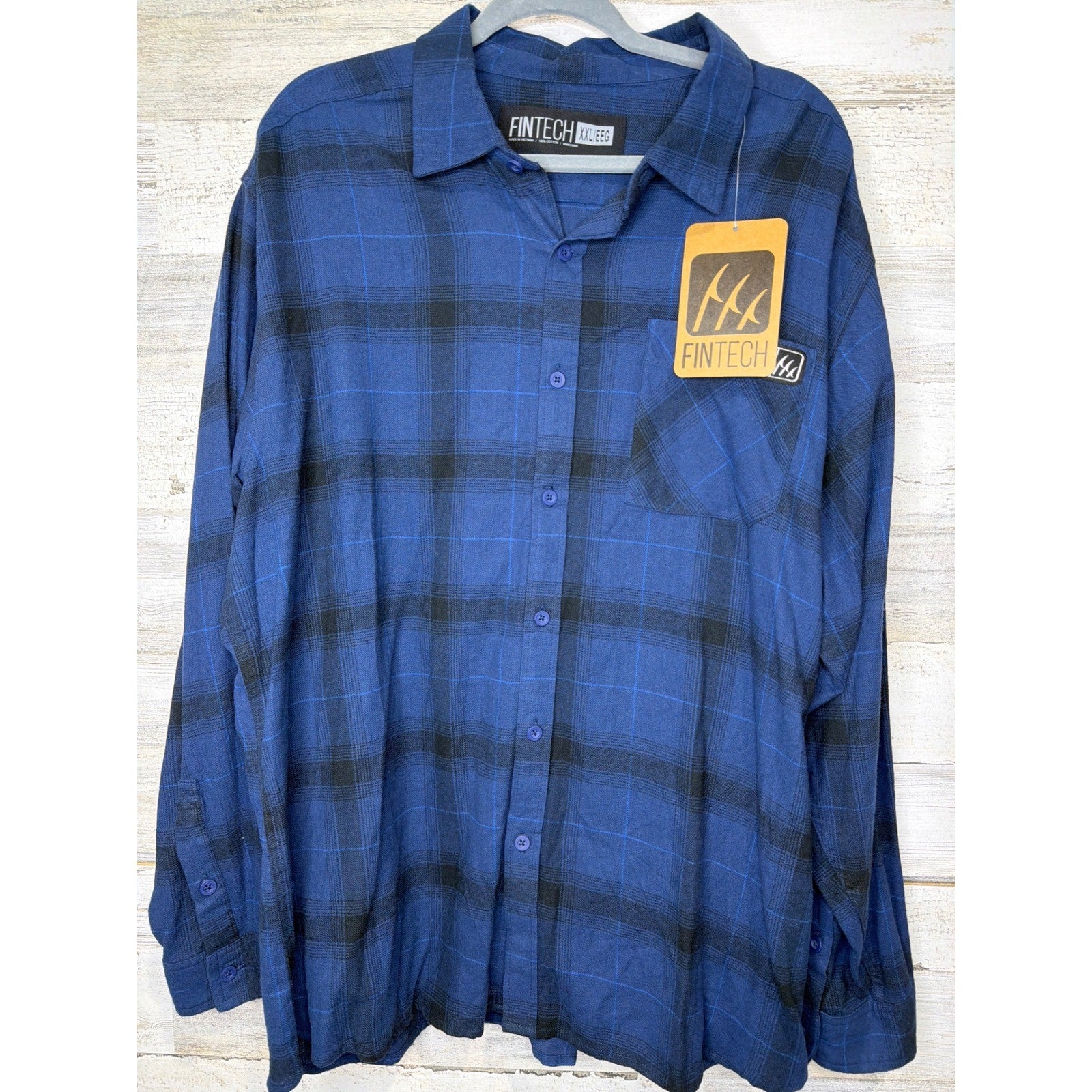 Fintech Button Down Shirt Men XXL Blue Plaid Cotton Gorpcore NWT0