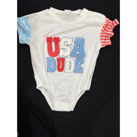 USA Dude Patriotic Romper Boys 6-9M White Stars Stripes EUC0