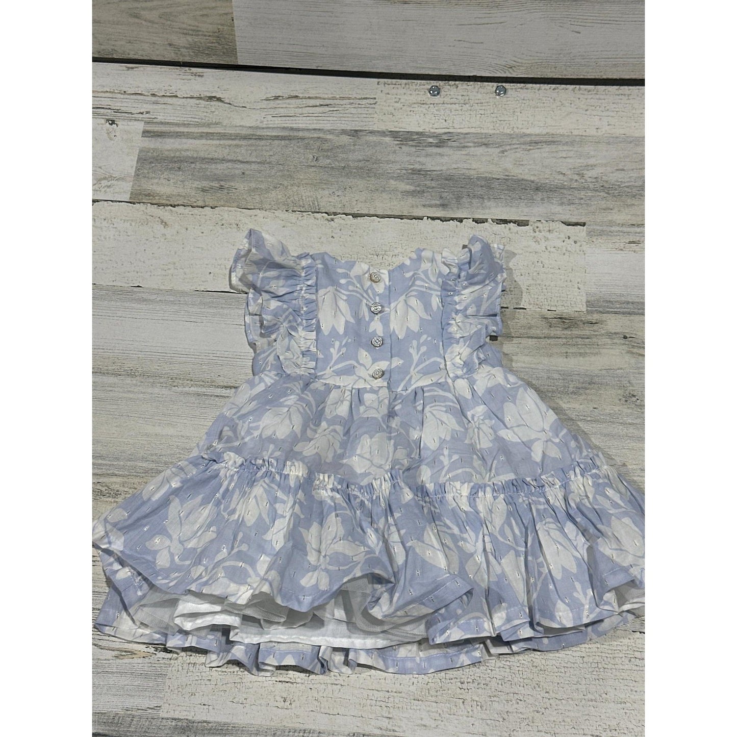Jason Wu Floral Tiered Dress Girls 12M Blue Gold Shimmer Ruffle EUC1