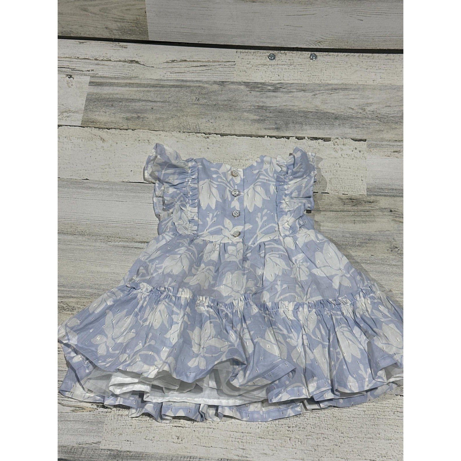 Jason Wu Floral Tiered Dress Girls 12M Blue Gold Shimmer Ruffle EUC1